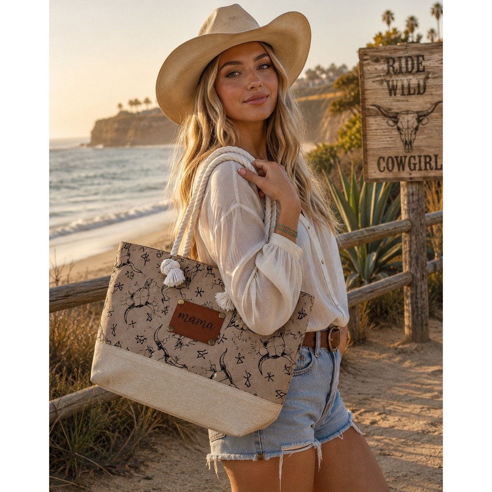 Western bohemian Tote‎ Bag Women Large Beach Steer Skull Mama Rope Handle New